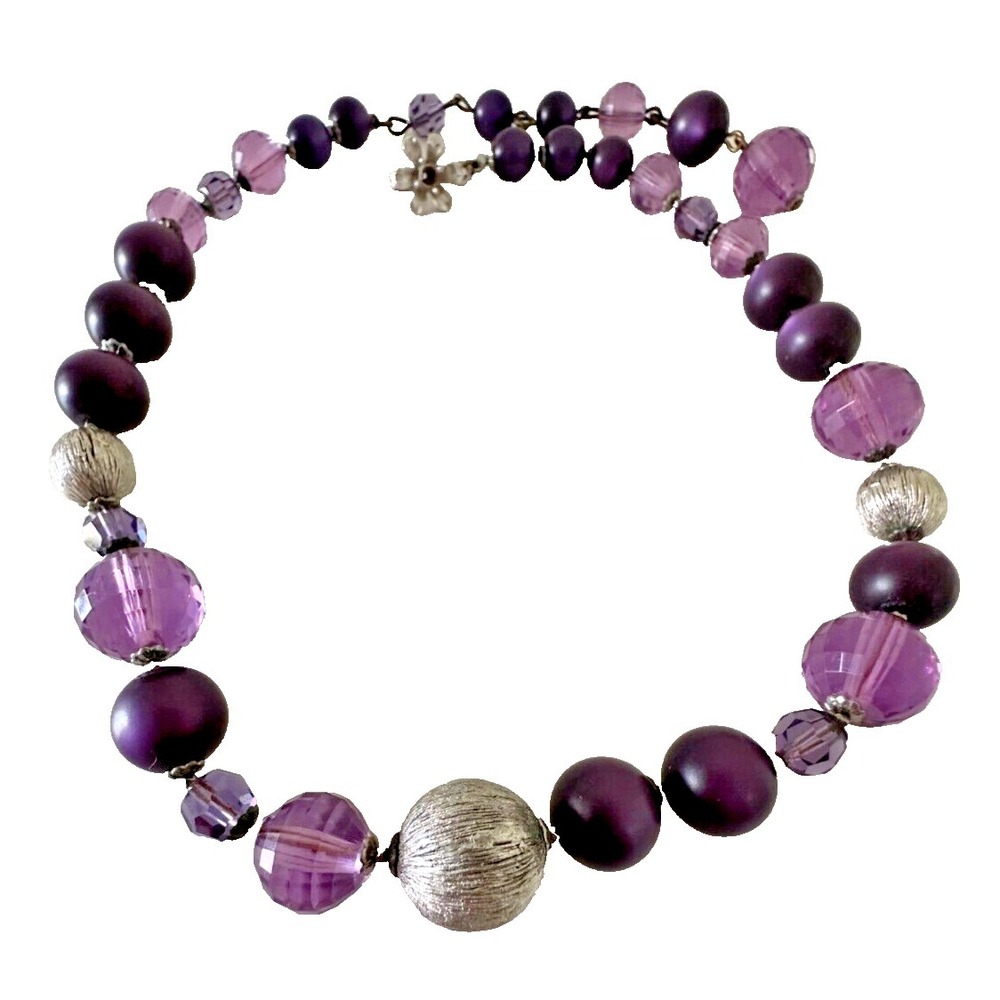 DeMario Necklace Purple Beaded Silver Texture Faceted Choker 14" Lavender Vtg